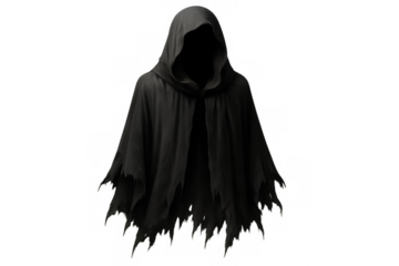 Shadowy hooded figure wearing tattered black cloak, levitating against transparent backdrop, perfect for supernatural design applications