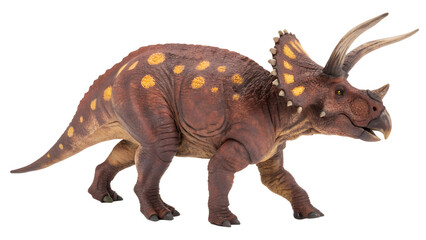 Realistic brown triceratops dinosaur with yellow spots isolated on transparent background