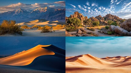 A four-panel image showcasing diverse desert landscapes; snow-capped mountains and sand dunes under vibrant skies, rocky terrain with sparse 