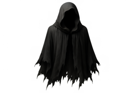 Shadowy hooded figure wearing tattered black cloak, levitating against transparent backdrop, perfect for supernatural design applications