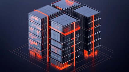 Isometric view of four buildings with orange accents