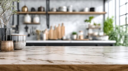 A 4K photo of matte wood table with blurred luxury kitchen interior, marble and stainless details for modern culinary product mockups.