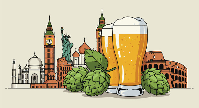 Two frosty beers with global landmarks for International Beer Day party isolated on a white background