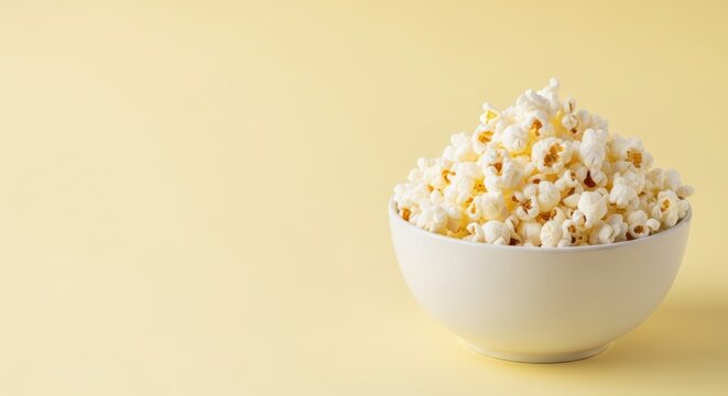 A bowl of fluffy popcorn on a pale yellow background perfect for movie night and snack food advertising