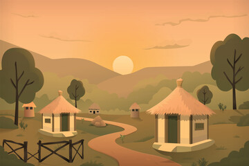 Morning sunset cute farmer village cottages, wood boundary fence, road, tree greenery vector illustration cartoon background