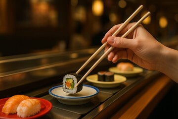 Person using chopsticks to pick up sushi roll at a conveyor belt sushi restaurant