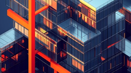 Abstract building with orange beams and glass panels