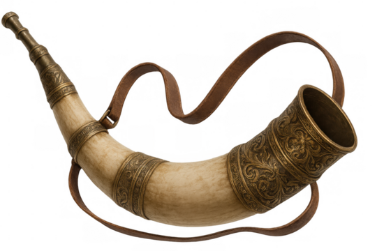 Decorated drinking horn with brass details and leather strap isolated on transparent background, evoking historical traditions - Powered by Adobe