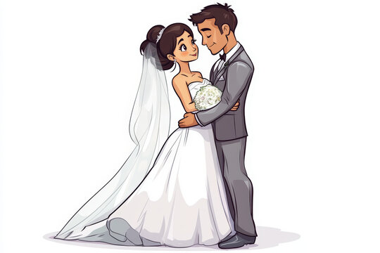Joyful Newlyweds Embrace. A cartoon illustration depicts a newlywed couple embracing on their wedding day, filled with love and joy.