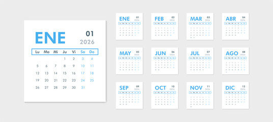 2026 calendar modern classic on Spanish language. Week starts on Monday. Desk or wall blue calendar in minimalist style