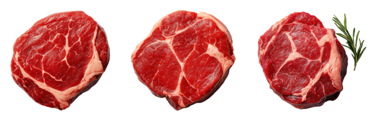 Fresh cuts of marbled beef steaks with rosemary sprig