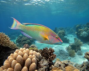 Fototapeta premium Bright Tropical Male Fish Swimming Through Ocean Coral Reef – High-Quality Photography
