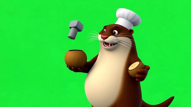 Playful Chef Otter Cracking Nuts with Hammer on Green Screen