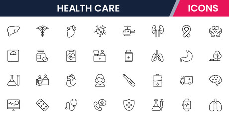 Vector line icons of medical tools, hospitals, doctors, health records, wellness, diagnosis, treatment, and care perfect for apps and websites.