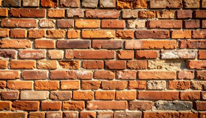 Obraz premium A textured brick wall displays various shades of orange and red with visible mortar lines, creating a rustic and aged architectural background appearance.