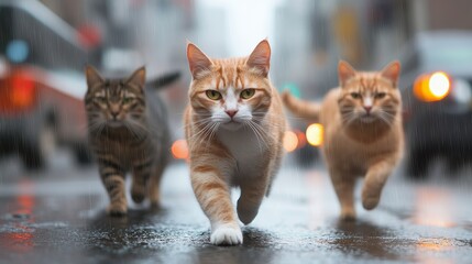 A trio of cats, two ginger and one tabby, confidently walk across a rain-soaked urban street, showcasing their playful attitude and resilience amidst city life.