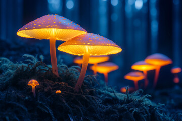 Fototapeta premium Bioluminescent alien planet nature jungle with glowing plants and misty trees in generative ai illustration