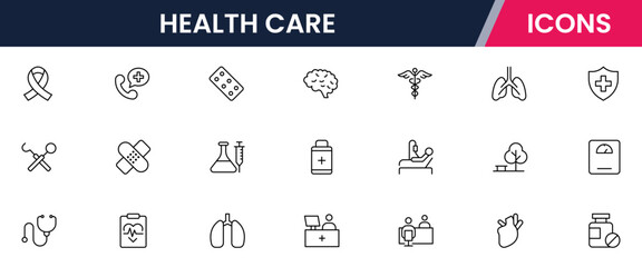 Vector line icons of medical tools, hospitals, doctors, health records, wellness, diagnosis, treatment, and care perfect for apps and websites.