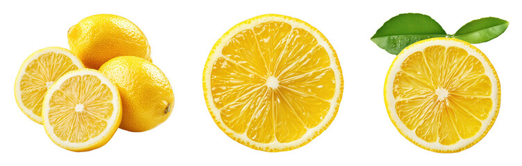 Fresh lemons and lemon slices on a black background