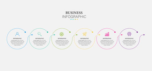 Line step infographic. 6 options workflow diagram, circle timeline number infograph, process steps chart. Linear vector infographics. Process order infographic arrow and steps point illustration 
