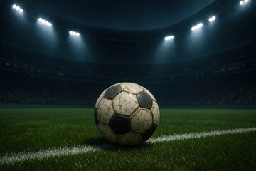 Fototapeta premium Soccer ball on green field under bright stadium lights at night showcasing sports passion