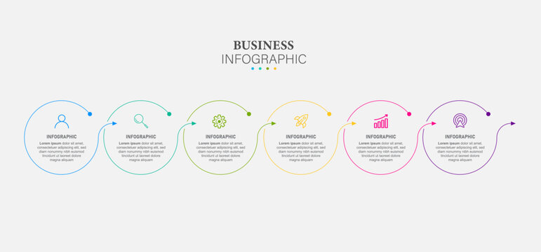 Line step infographic. 6 options workflow diagram, circle timeline number infograph, process steps chart. Linear vector infographics. Process order infographic arrow and steps point illustration 