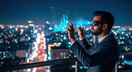 Man in Smart Glasses Interacting With Futuristic Holographic Data Displays Over a Cityscape at Night