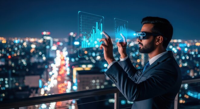 Man in Smart Glasses Interacting With Futuristic Holographic Data Displays Over a Cityscape at Night