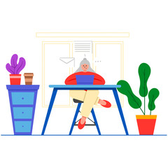Flat Illustration of Woman Working on Laptop at Desk