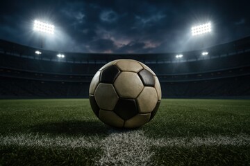 Soccer ball on illuminated stadium field under dramatic evening sky