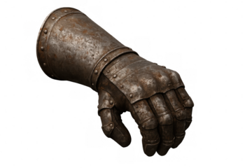 Close-up of an armored gauntlet, showing signs of age and wear, isolated on a transparent background