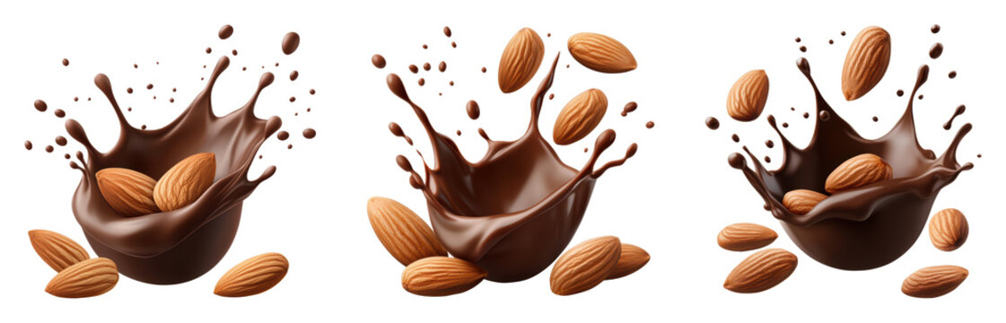 Chocolate splash with almonds in dynamic composition