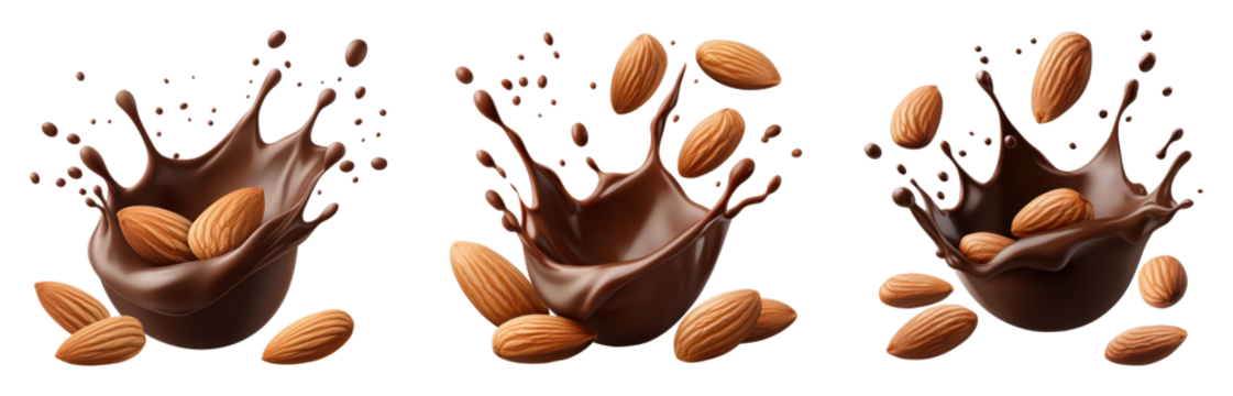 Chocolate splash with almonds in dynamic composition