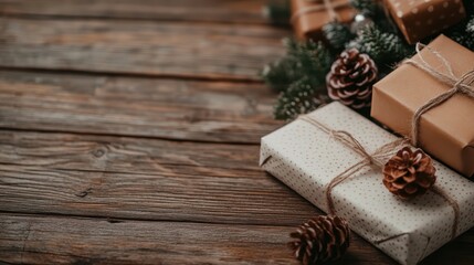 Naklejka premium A collection of beautifully wrapped presents set on a rustic wooden table, decorated with pine cones, exuding a festive spirit symbolizing joy, giving, and celebration.