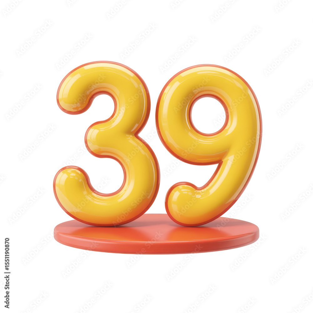 Poster bright yellow inflatable number 39 with red outline standing on a red circular platform isolated on 