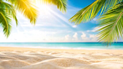 Fototapeta premium Tropical Beach with White Sand, Blue Ocean, and Palm Tree Leaves Under Bright Sunlight in Paradise Setting 