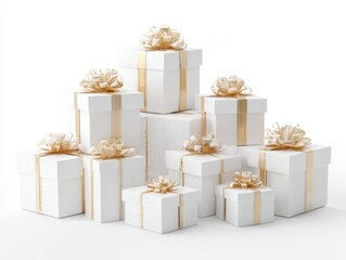 A pyramid of white gift boxes with gold ribbons and bows, against a stark white background