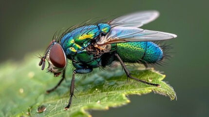 Naklejka premium Vibrant Green and Blue Fly on a Leaf Detailed Macro Photography of Insect
