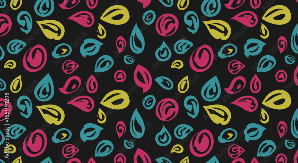 Poster playful abstract pattern with colorful shapes on dark background for textile design