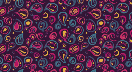 Fototapeta premium Vibrant paisley pattern with swirling shapes and vivid colors on dark background