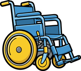 Cartoon Illustration of a Blue Wheelchair with Yellow Wheels