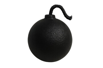 Classic round black bomb with burning fuse on a transparent background, representing danger, explosion, and terrorism