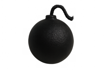 Classic round black bomb with burning fuse on a transparent background, representing danger, explosion, and terrorism