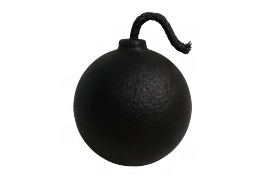 Classic round black bomb with burning fuse on a transparent background, representing danger, explosion, and terrorism