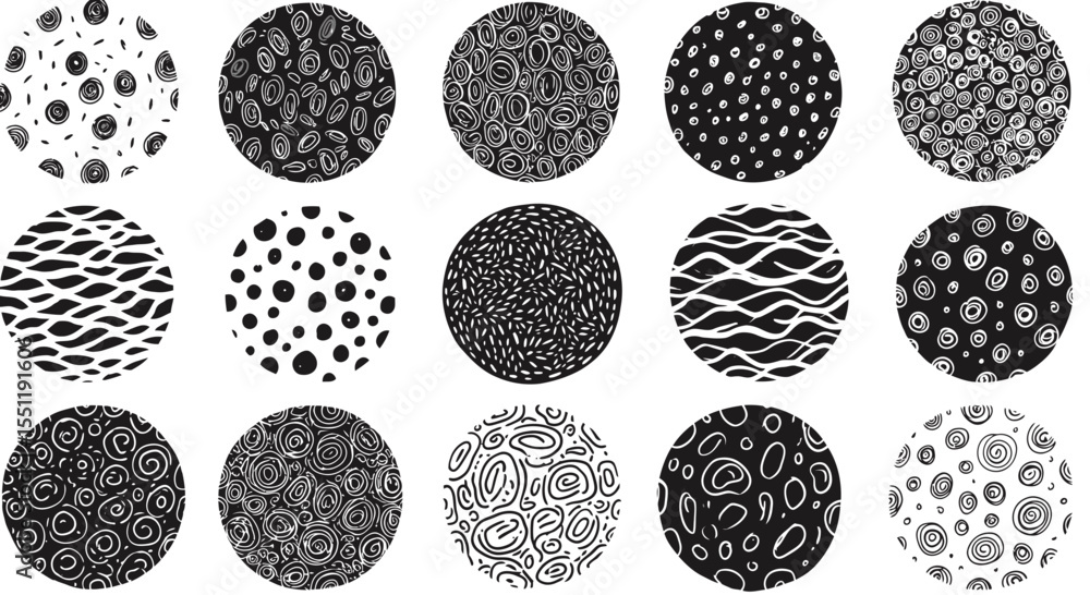 Poster abstract hand-drawn circles patterns in black and white creating artistic designs