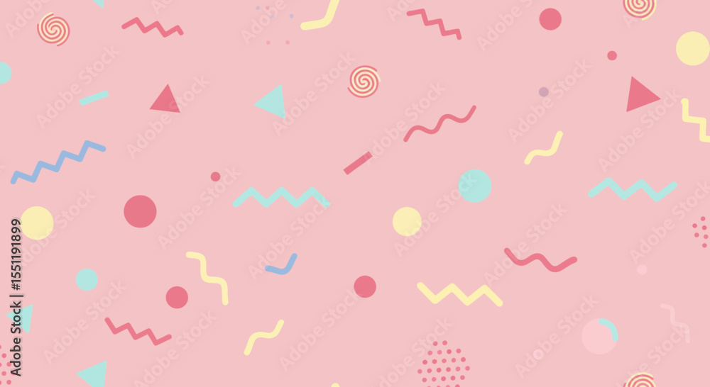 Poster pastel geometric shapes background: abstract pattern with circles, triangles and wavy lines