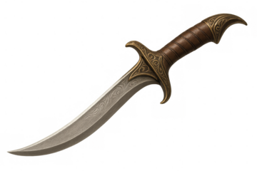 Ornate curved fantasy dagger featuring intricate blade engravings, golden hilt, set against transparent background for medieval-themed designs