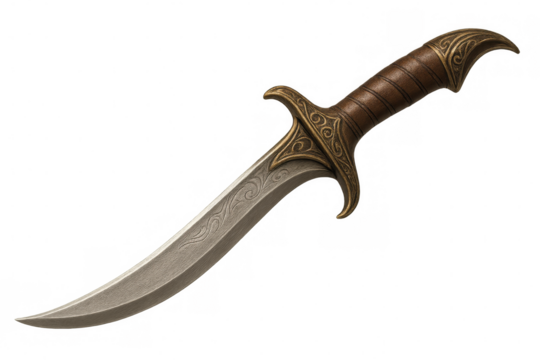 Ornate curved fantasy dagger featuring intricate blade engravings, golden hilt, set against transparent background for medieval-themed designs
