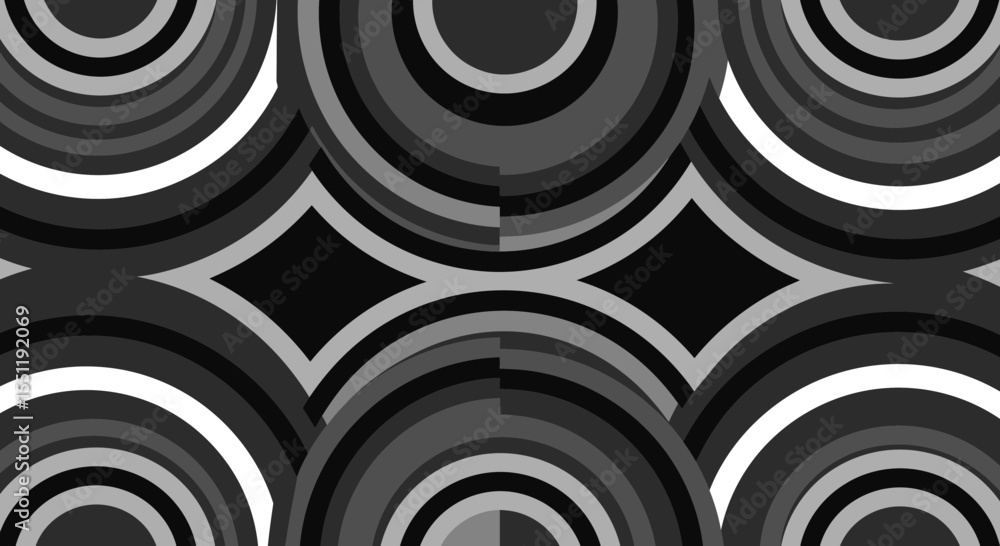 Poster abstract geometric pattern with circles and diamonds in grayscale seamless repeat