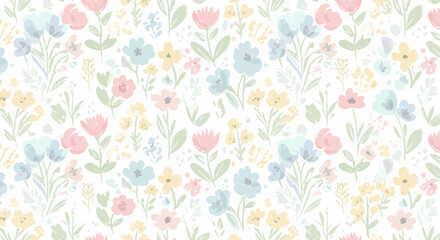 Pastel Watercolor Floral Pattern: Delicate Spring Flowers on a White Background